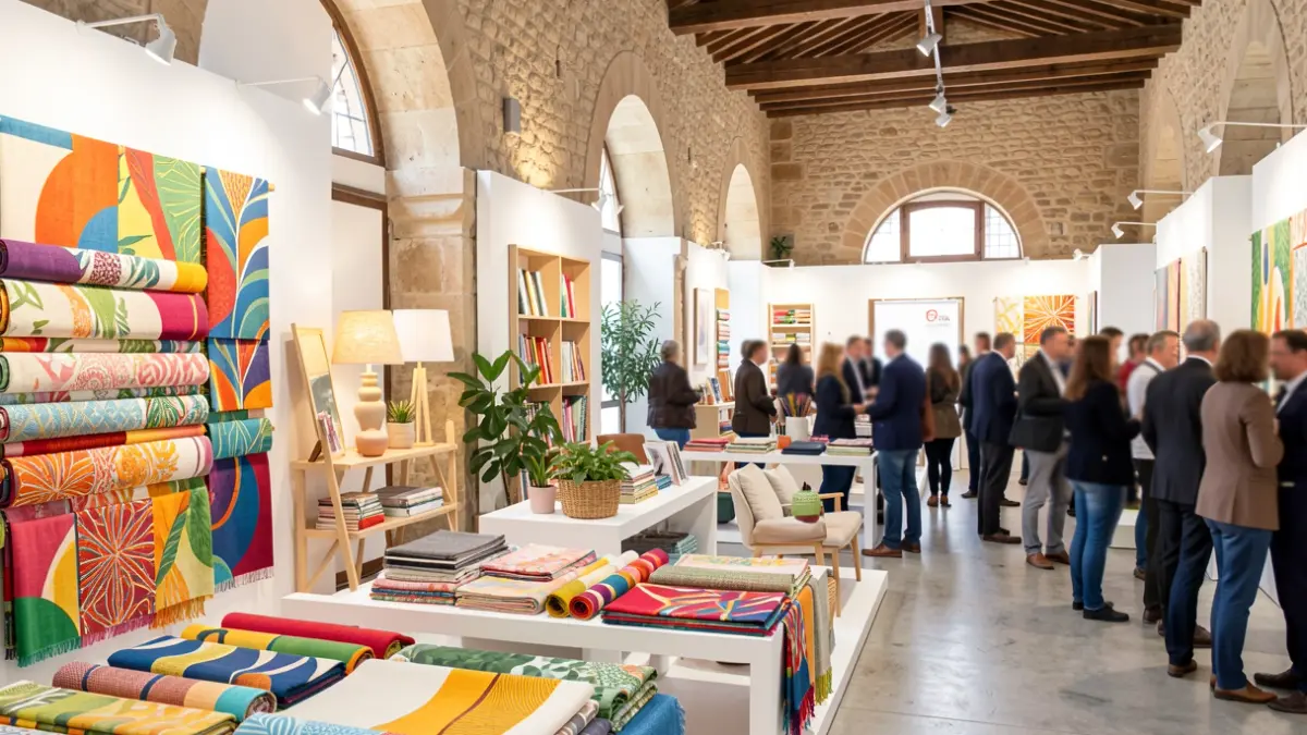 Image of a home textile fair in Valencia with exhibitors and buyers.
