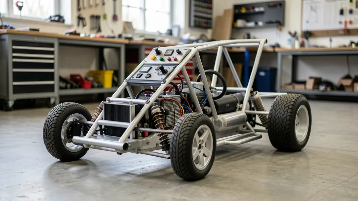 Imagen de un prototipo de kart de carreras eléctrico de bajo coste en proceso de construcción.