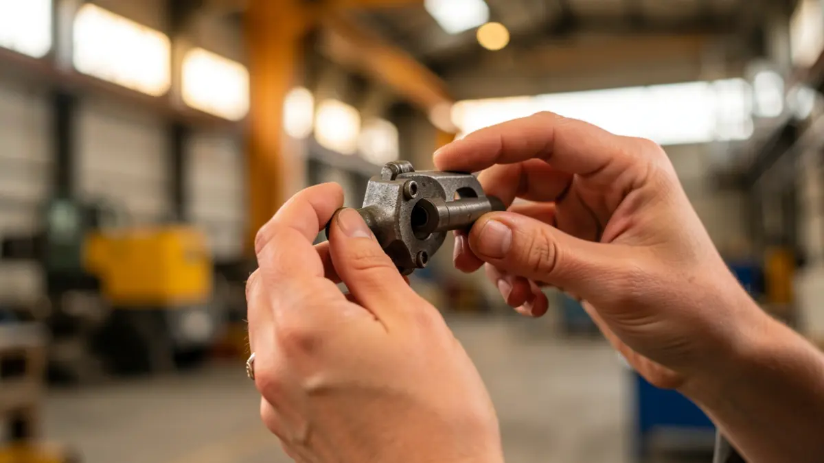 Primer plano de las manos de una mujer, una con un sutil anillo, sosteniendo un componente industrial pequeño y detallado, con un fondo borroso de interior de fábrica moderno con luz cálida.