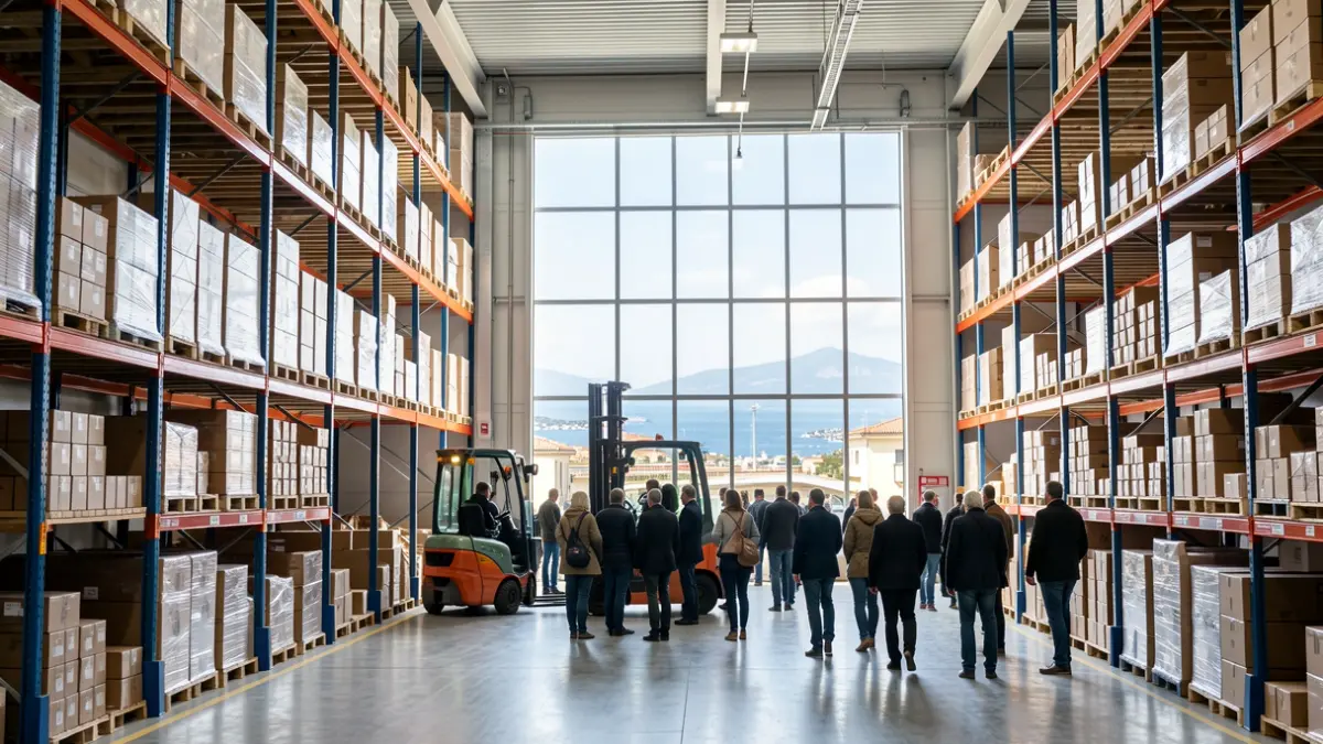 Imagen genérica de un almacén logístico con cajas y un vehículo industrial.