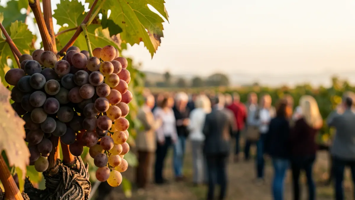 Generic image of grapes on a vine, with a vineyard in the background.