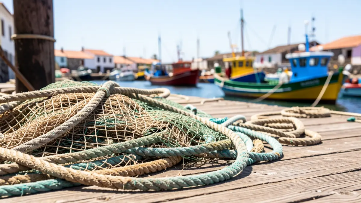 Fishing nets and ropes on a wooden pier with fishing boats in the background in Arona.