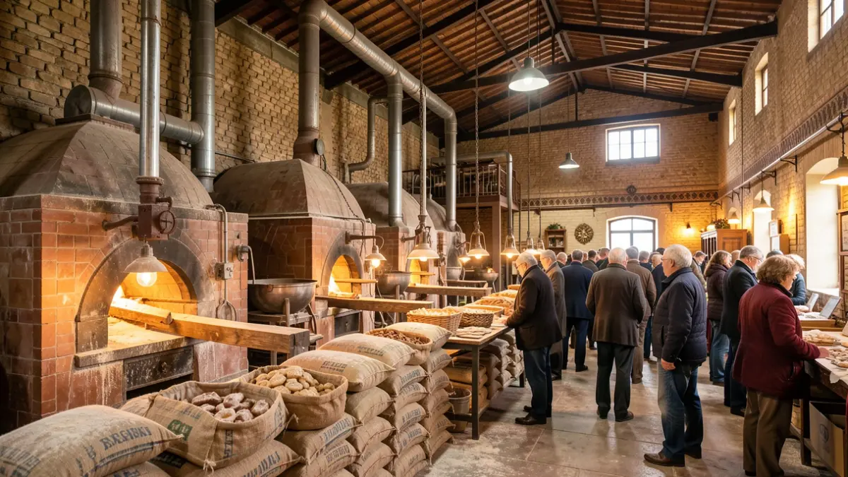 Interior de una fábrica tradicional andaluza con grandes hornos industriales y sacos de harina, enfocando el proceso de producción de dulces navideños.