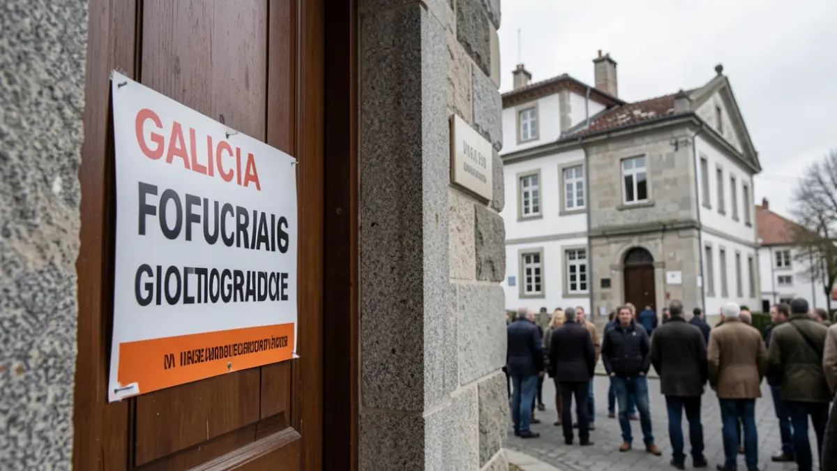 Imagen genérica de cartel de ejecución hipotecaria en una vivienda con arquitectura de granito gallega.