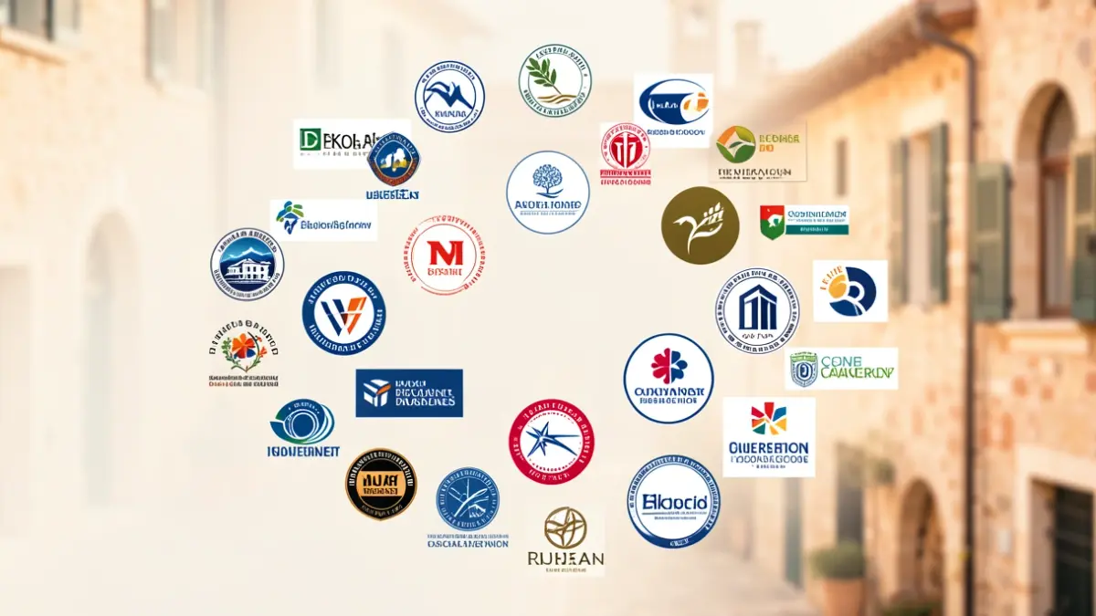 Logotipos de asociaciones empresariales formando un círculo, con un toque arquitectónico mediterráneo.