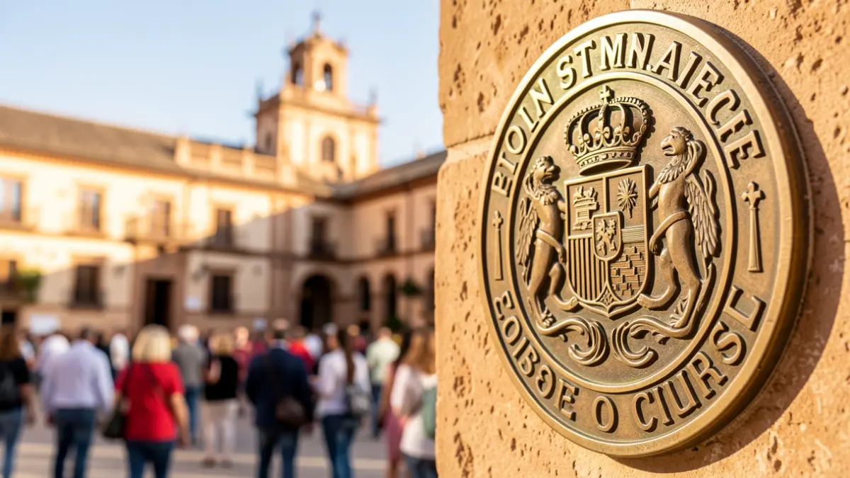 Official municipal seal with intricate details and Andalusian architecture background.