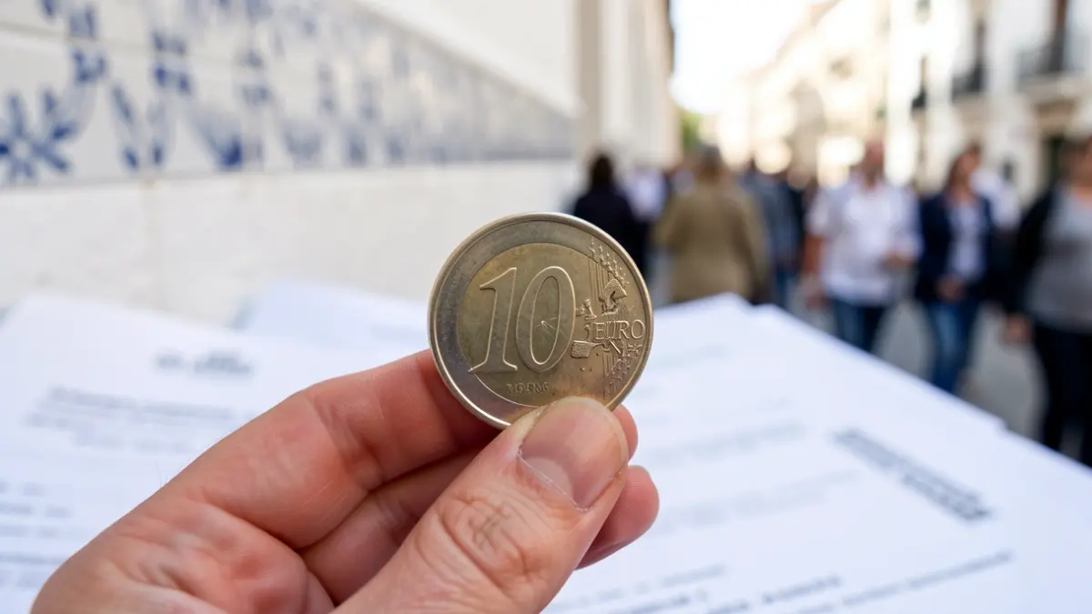 Primer plano de una mano sujetando una moneda de 10 euros, con documentos oficiales y un detalle arquitectónico andaluz de fondo.