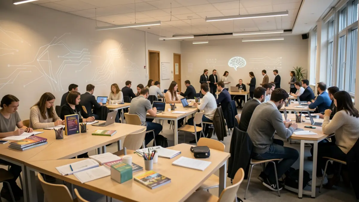 Imagen genérica de un taller educativo moderno con elementos abstractos temáticos de IA.