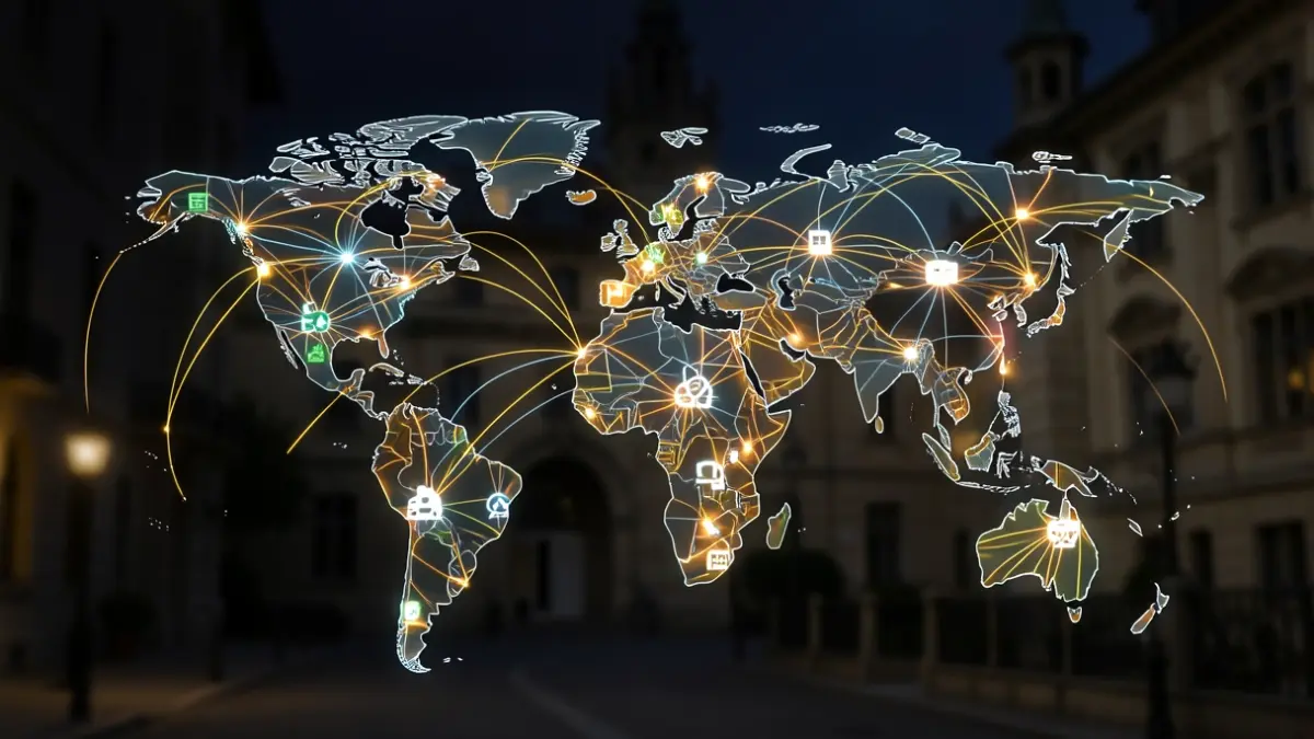 Imagen genérica de innovación y conexión global, con líneas brillantes conectando puntos diversos.