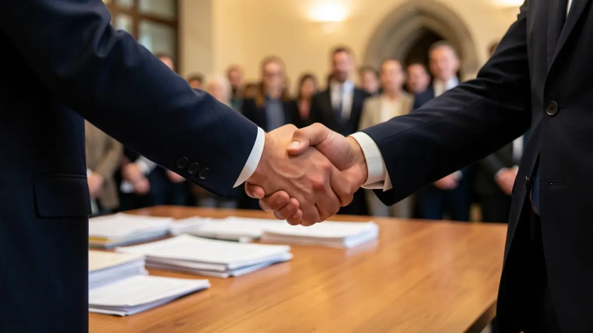 Generic image of two people sealing a business deal, with a subtle Euskadi architectural element.