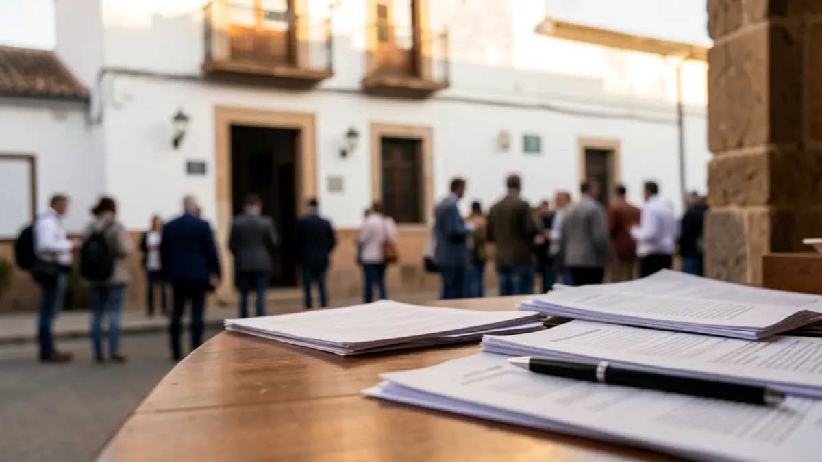 Fachada de un ayuntamiento andaluz con documentos y un bolígrafo sobre un escritorio.