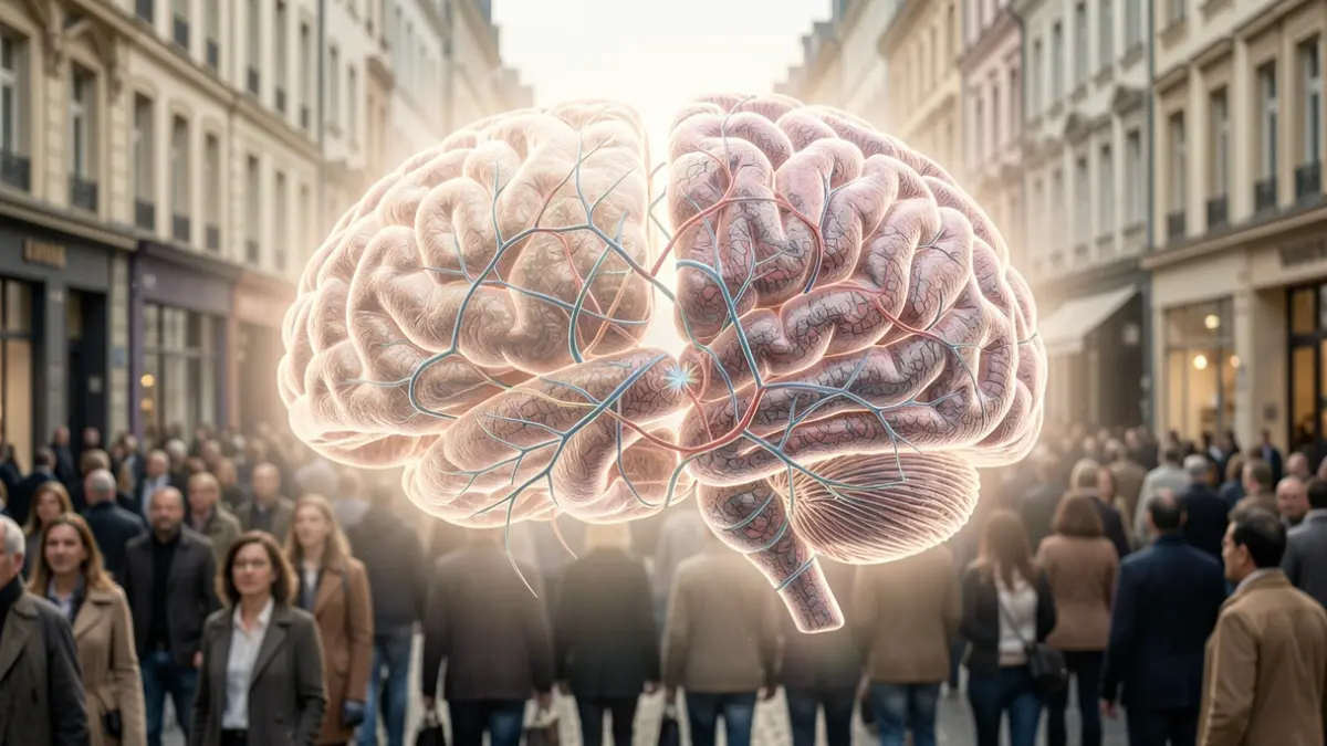Generic image representing brain development, with two distinct cell types merging.
