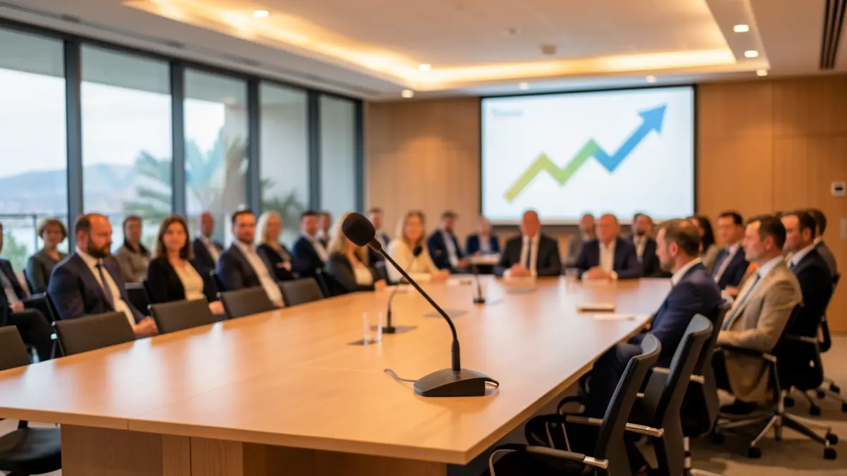Imagen de una sala de reuniones con un micrófono en un atril, representando un pleno de la Cámara de Comercio.