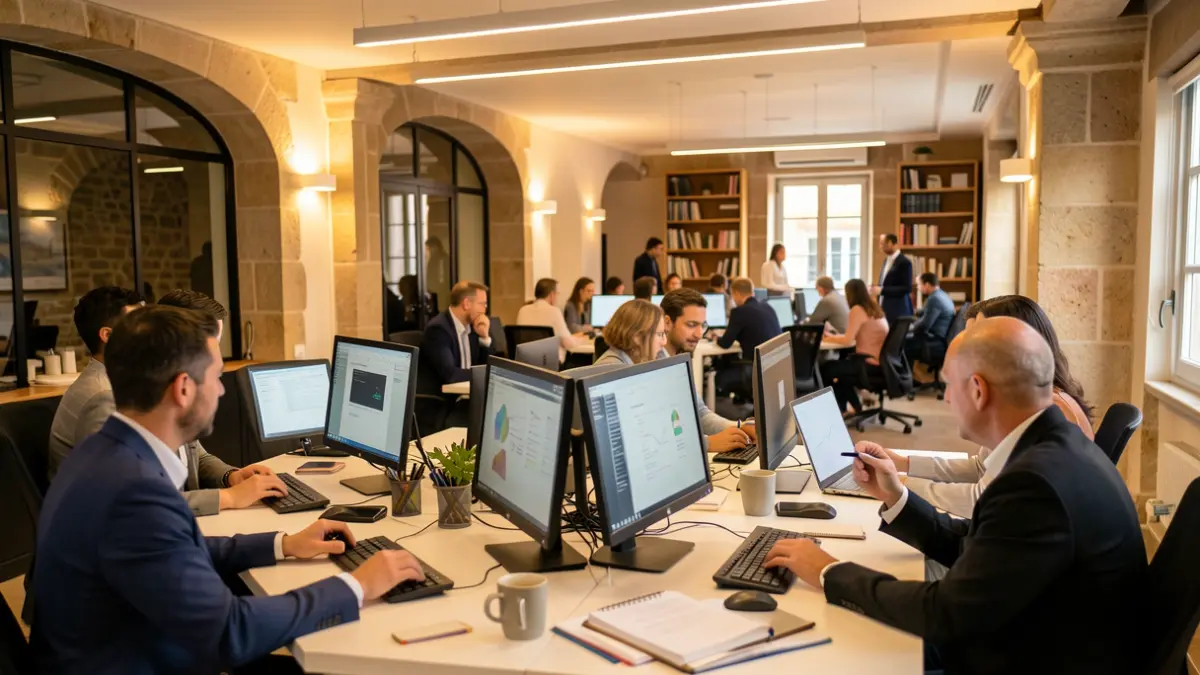 Generic image of a modern office with people working on technology and collaboration.
