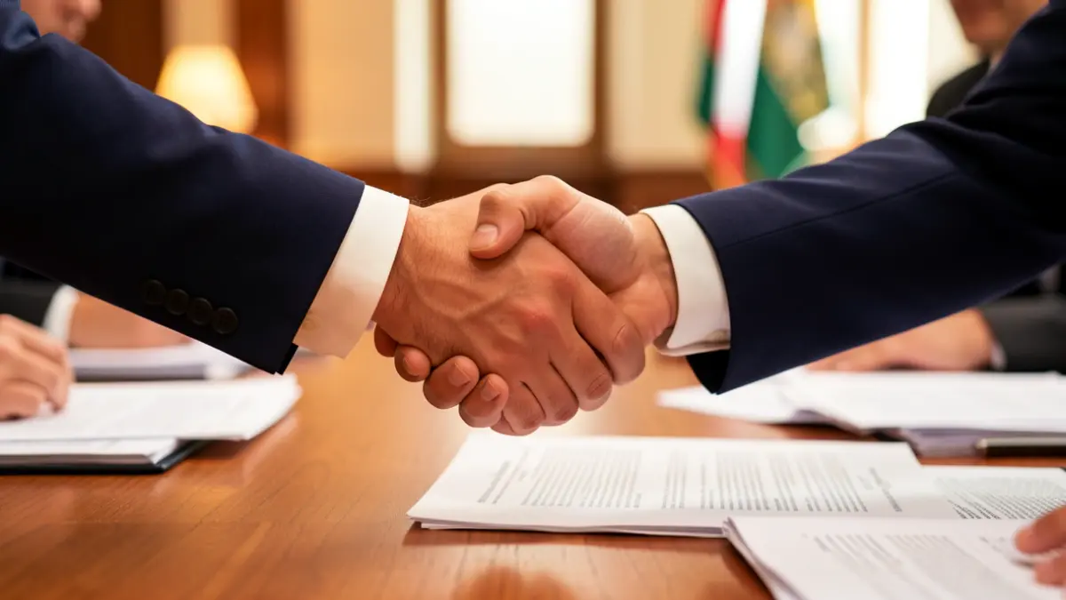 Generic image of a handshake over a desk during an institutional meeting.