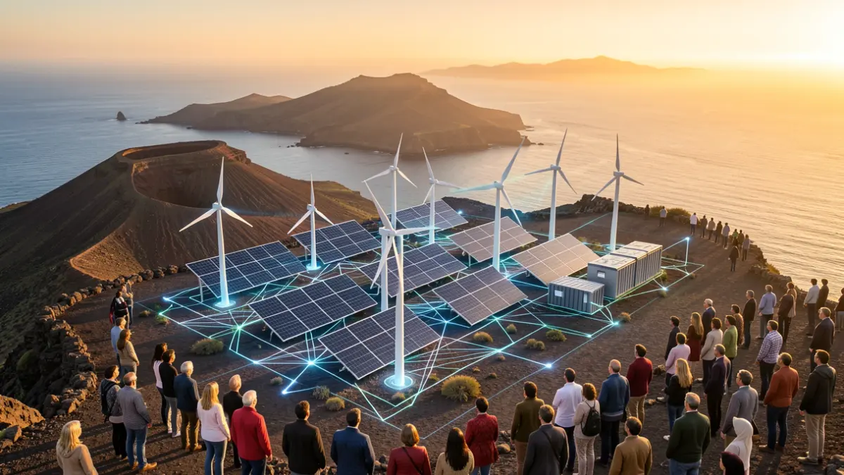 Abstract representation of artificial intelligence enhancing a sustainable energy grid in the Canary Islands, with elements of solar panels, wind turbines, and battery storage integrated into a digital network, set against a backdrop of volcanic landscapes and ocean.