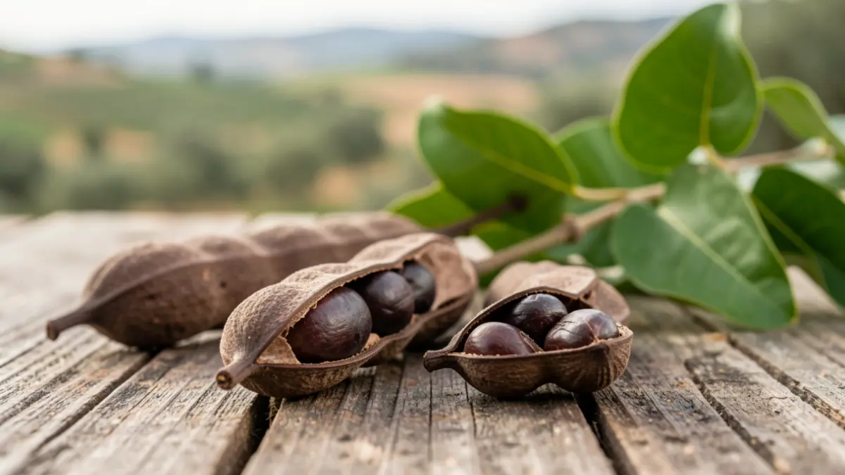 Imagen genérica de vainas y semillas de algarroba sobre madera rústica.