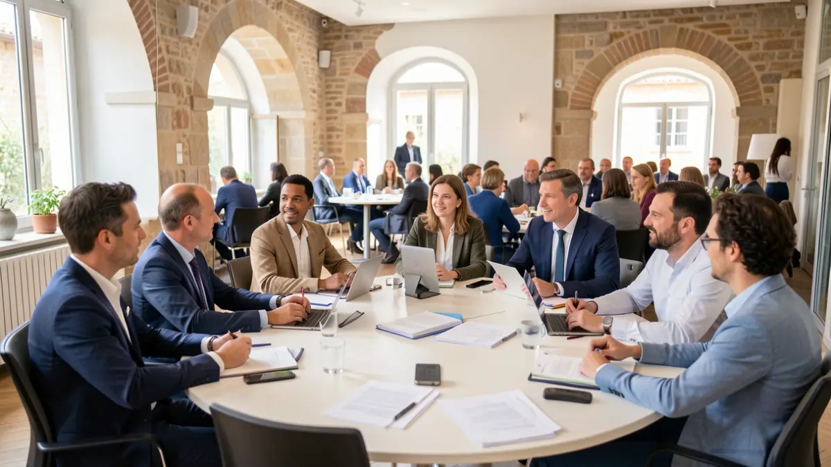 Imagen genérica de un taller empresarial con participantes y formador en un entorno mediterráneo.