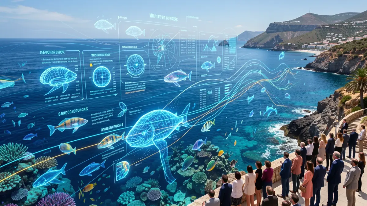 Digital representation of the ocean with data streams and artificial intelligence for marine sustainability.