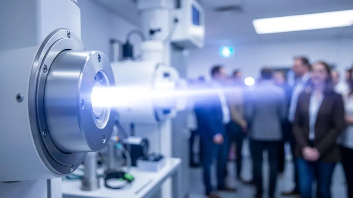 Imaxe xenérica de tecnoloxía médica avanzada, cun feixe de protóns enfocado.