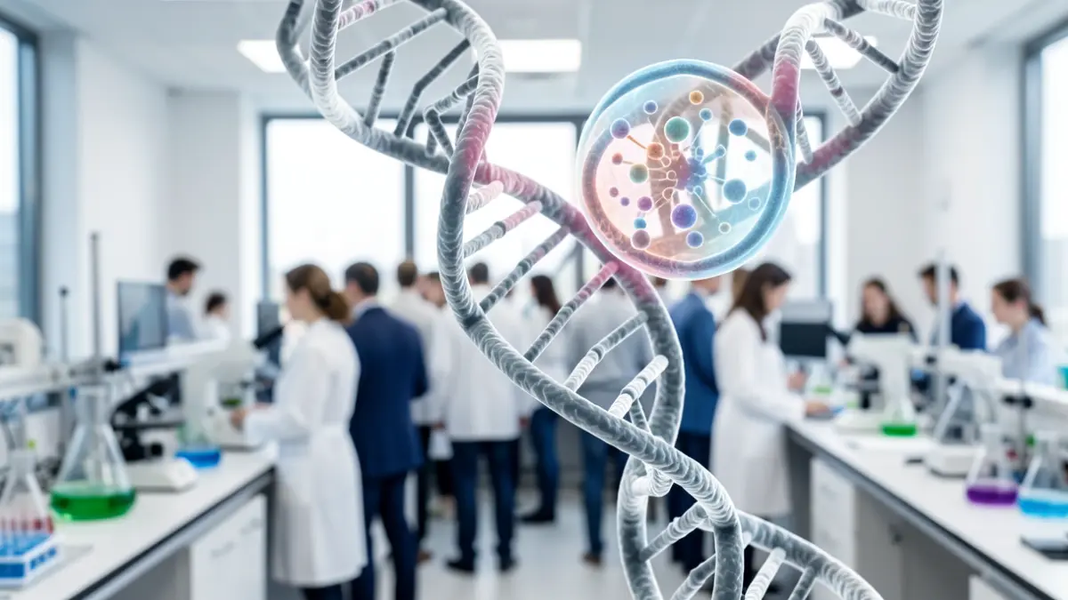 Imagen genérica de investigación biomédica con ADN y célula.