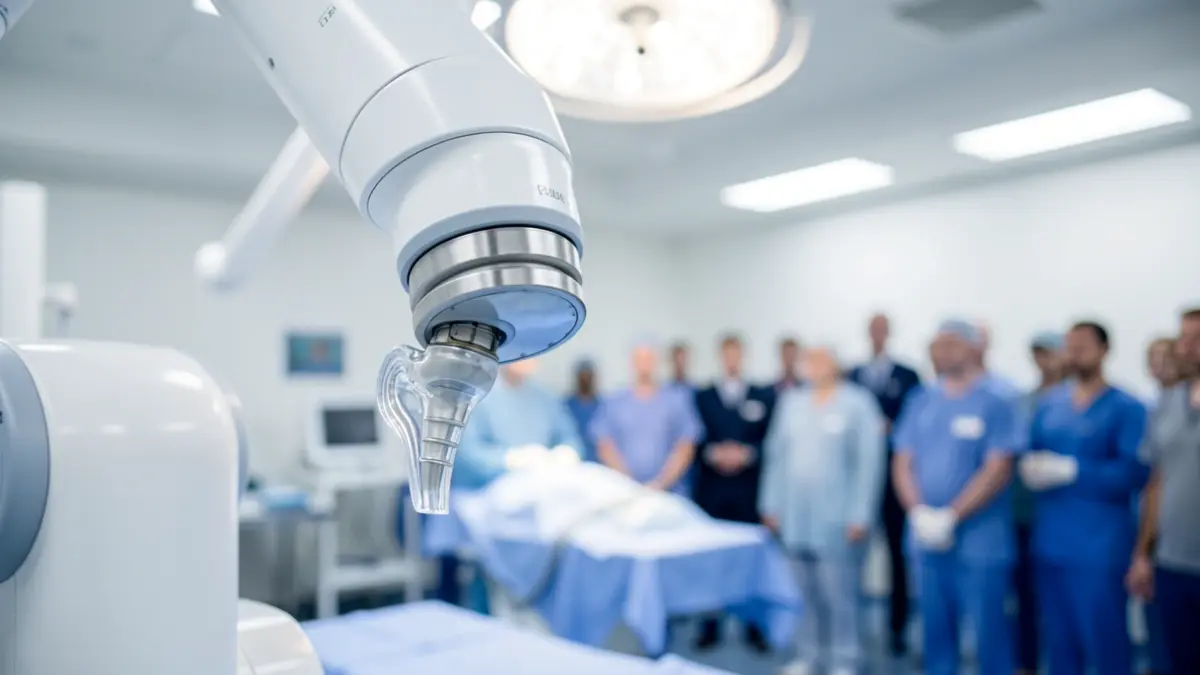 Primer pla d'un braç de cirurgia robòtica amb un component de pròtesi de genoll en un entorn estèril d'un quiròfan.