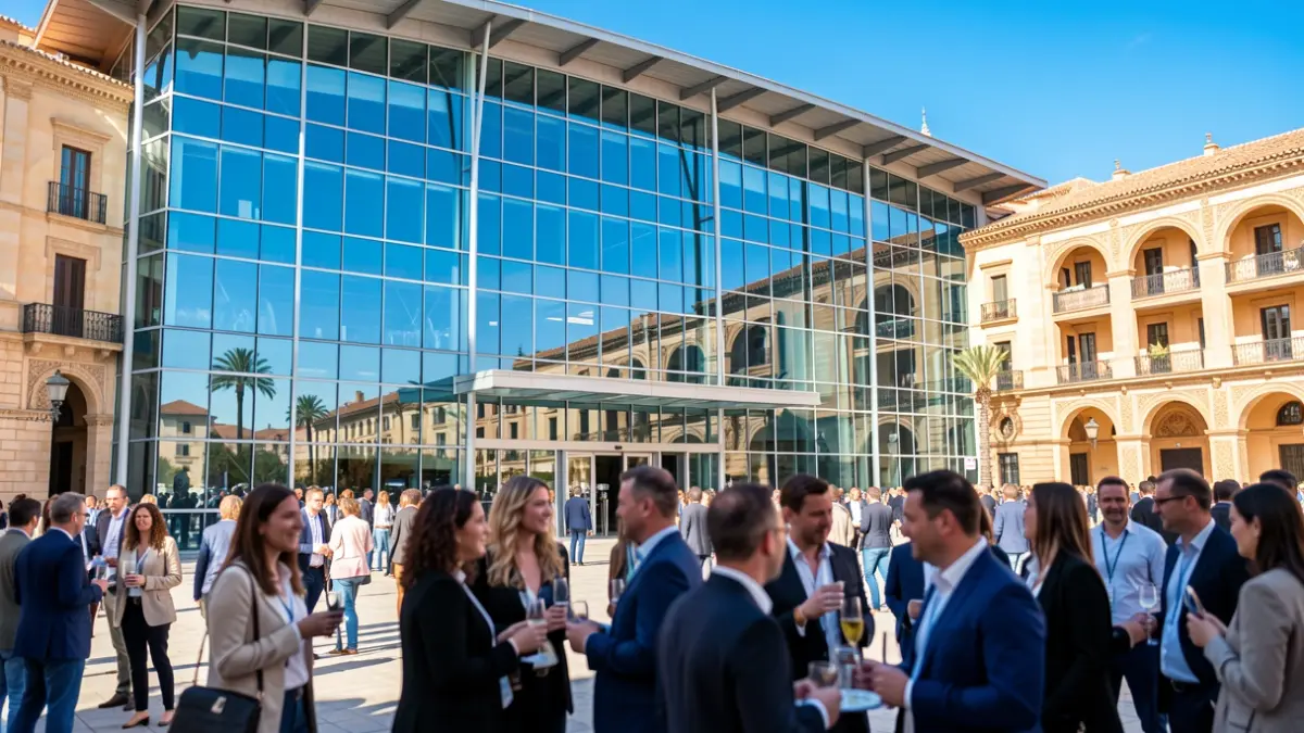 Fachada de un centro de convenciones moderno con un grupo de profesionales interactuando.