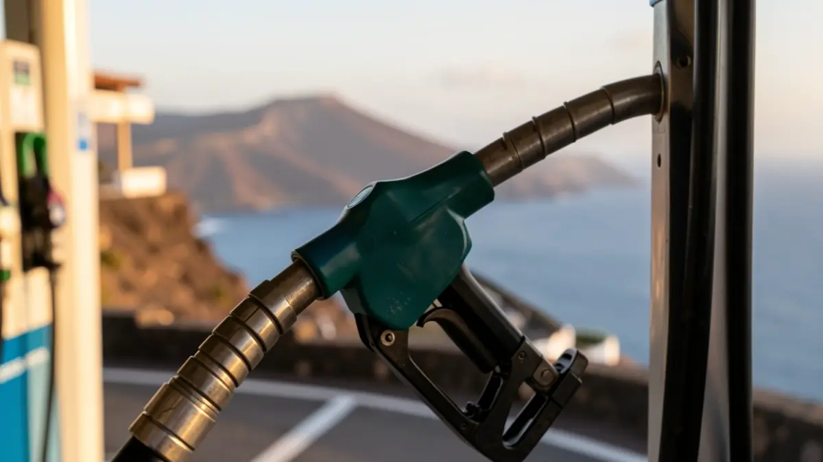 Primer plano de una manguera de surtidor de combustible en Canarias, con el paisaje volcánico y el mar al fondo.