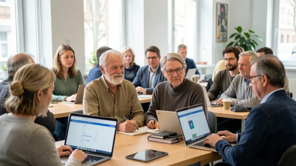 Imagen genérica de personas mayores de 45 años formándose en marketing digital y comercio electrónico a través de un curso online.