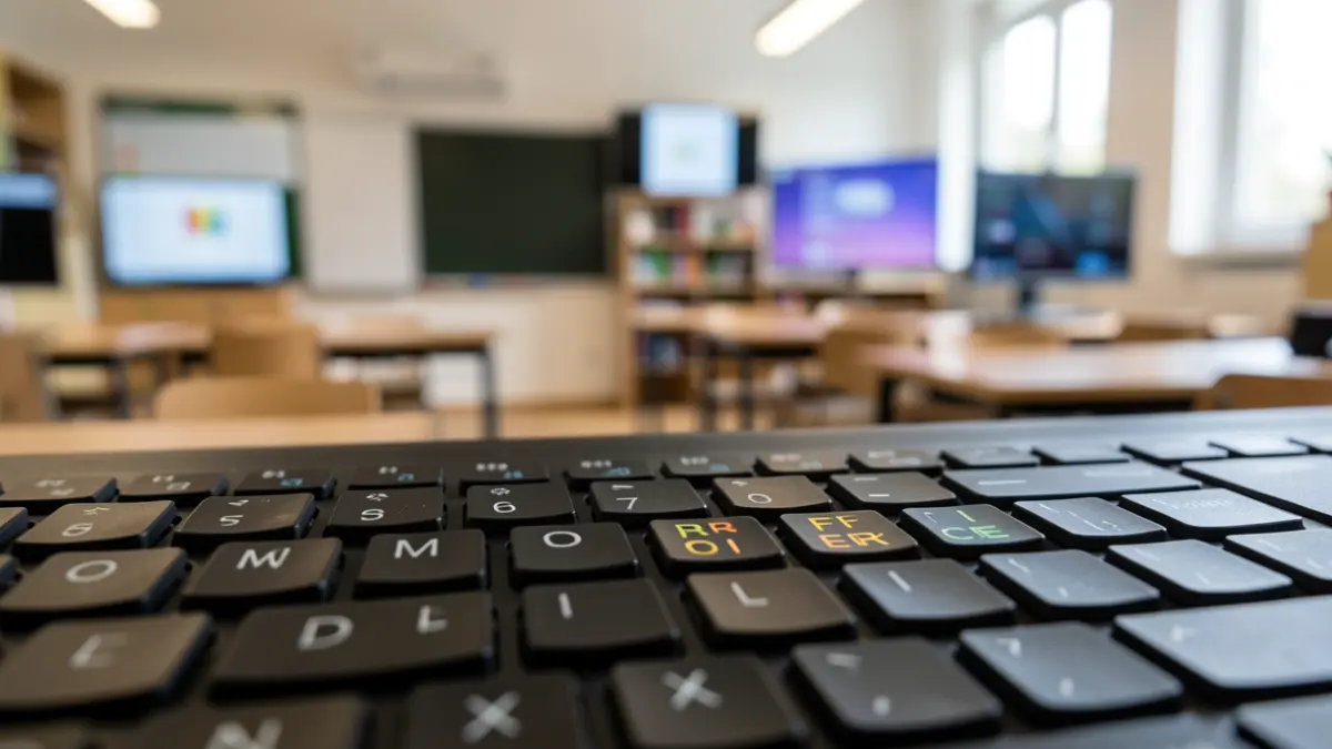 Primer plano de un teclado de ordenador con las teclas 'C', 'O', 'M', 'D', 'I', 'X', 'L', 'I', 'B', 'R', 'E', 'O', 'F', 'F', 'I', 'C', 'E' resaltadas, en un aula digital.
