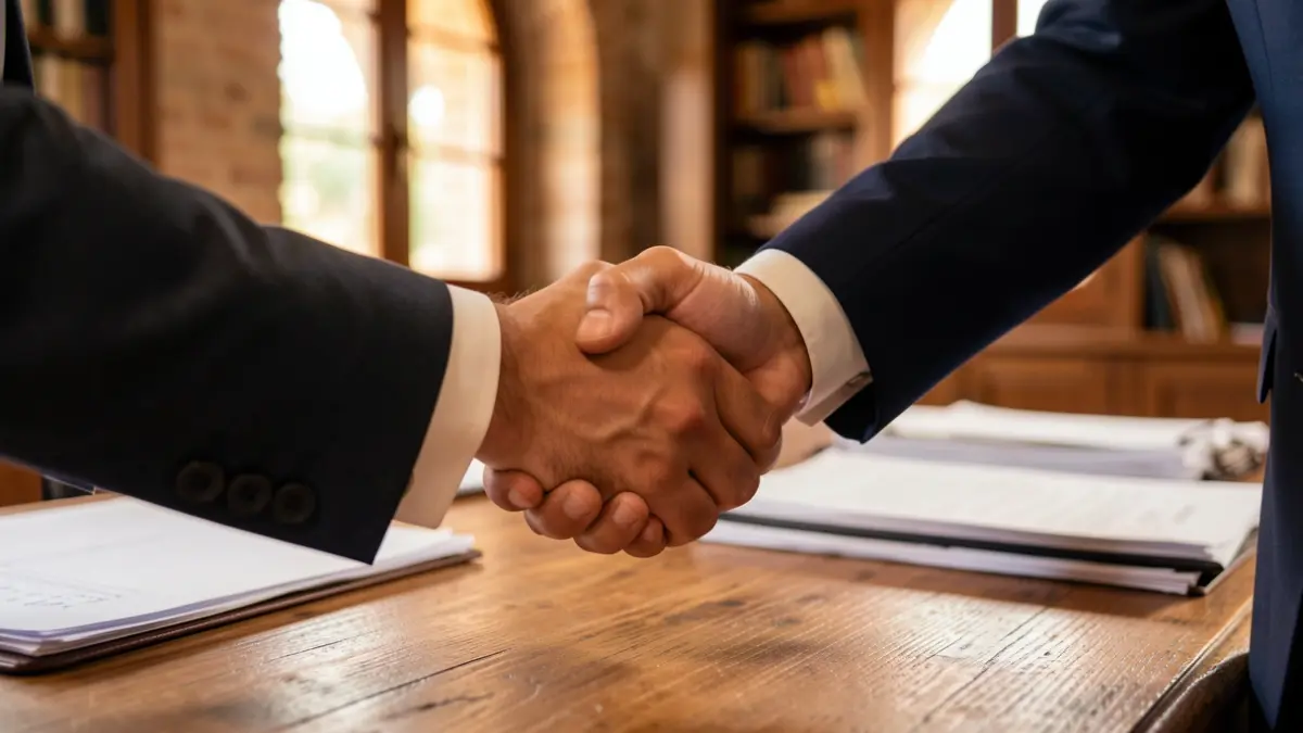 Generic image of two hands shaking over a desk with papers.