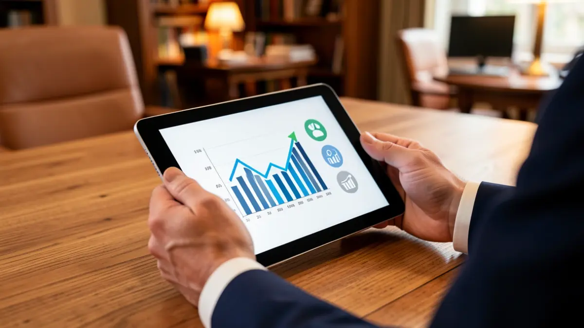 Generic image of a digital tablet with graphs and business icons.