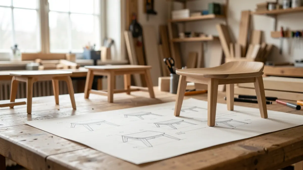Furniture design sketches on a table.