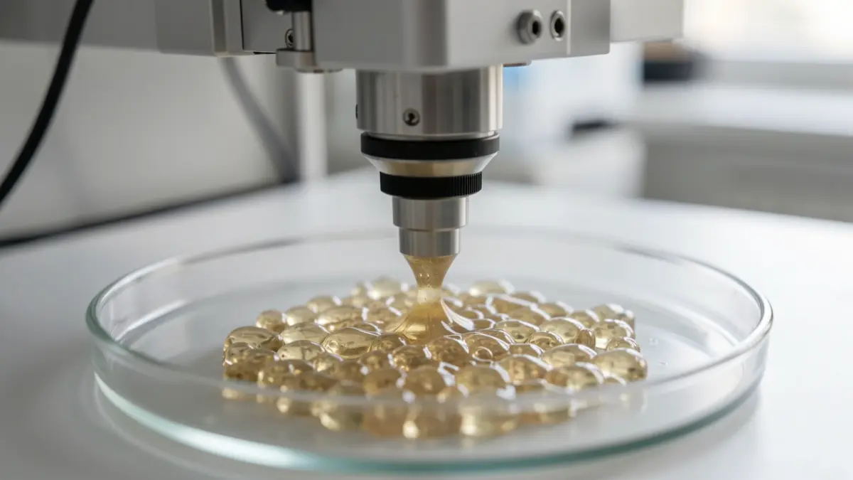 Primer plano de la boquilla de una bioimpresora 3D depositando una sustancia gelatinosa en una placa de Petri, creando intrincadas estructuras celulares. Iluminación de laboratorio suave y difusa. Enfoque en la precisión del proceso de impresión.