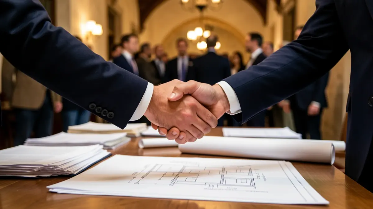 Dos manos intercambiándose en una reunión profesional sobre arquitectura.