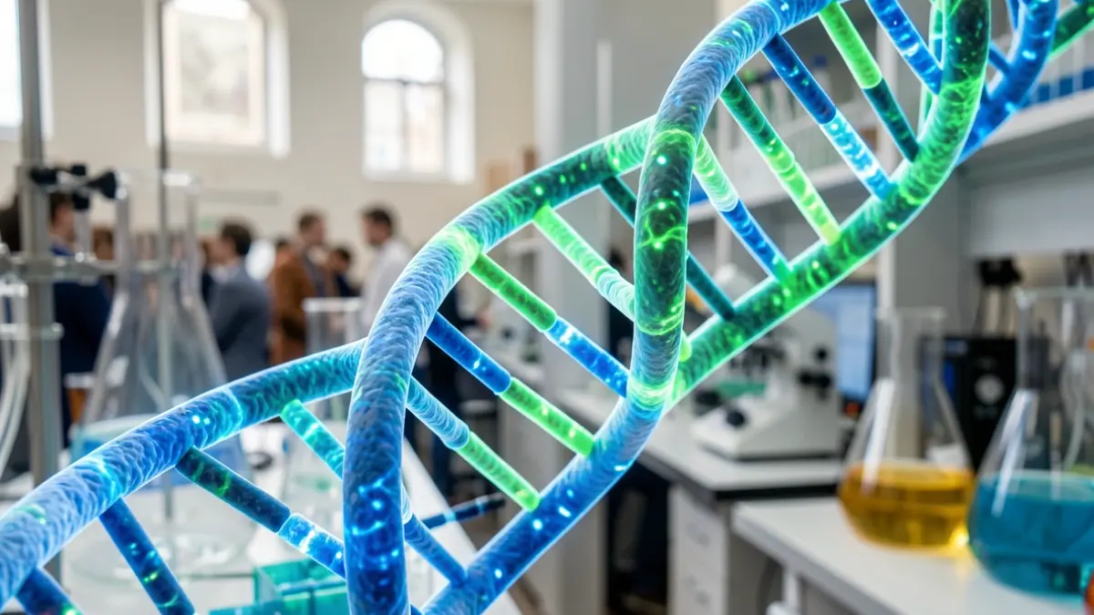 Estructura de doble hélice de ADN con luces azules y verdes, sobre un fondo de laboratorio.