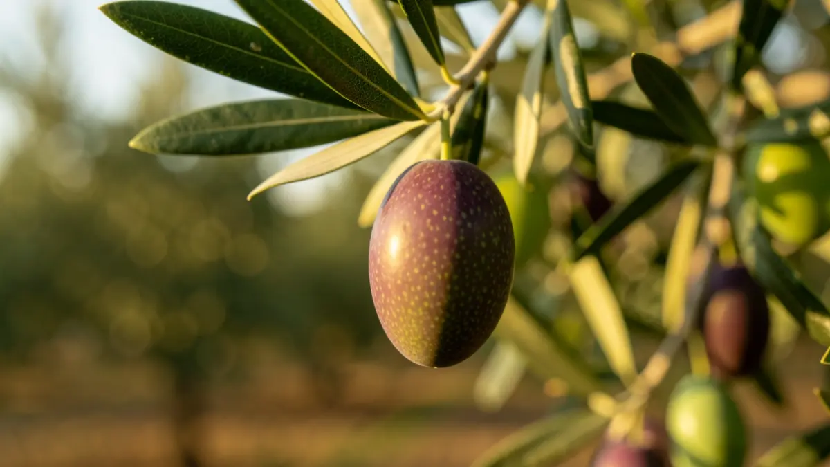 Un racimo de aceitunas verdes en una rama con un campo de olivos desenfocado al fondo.