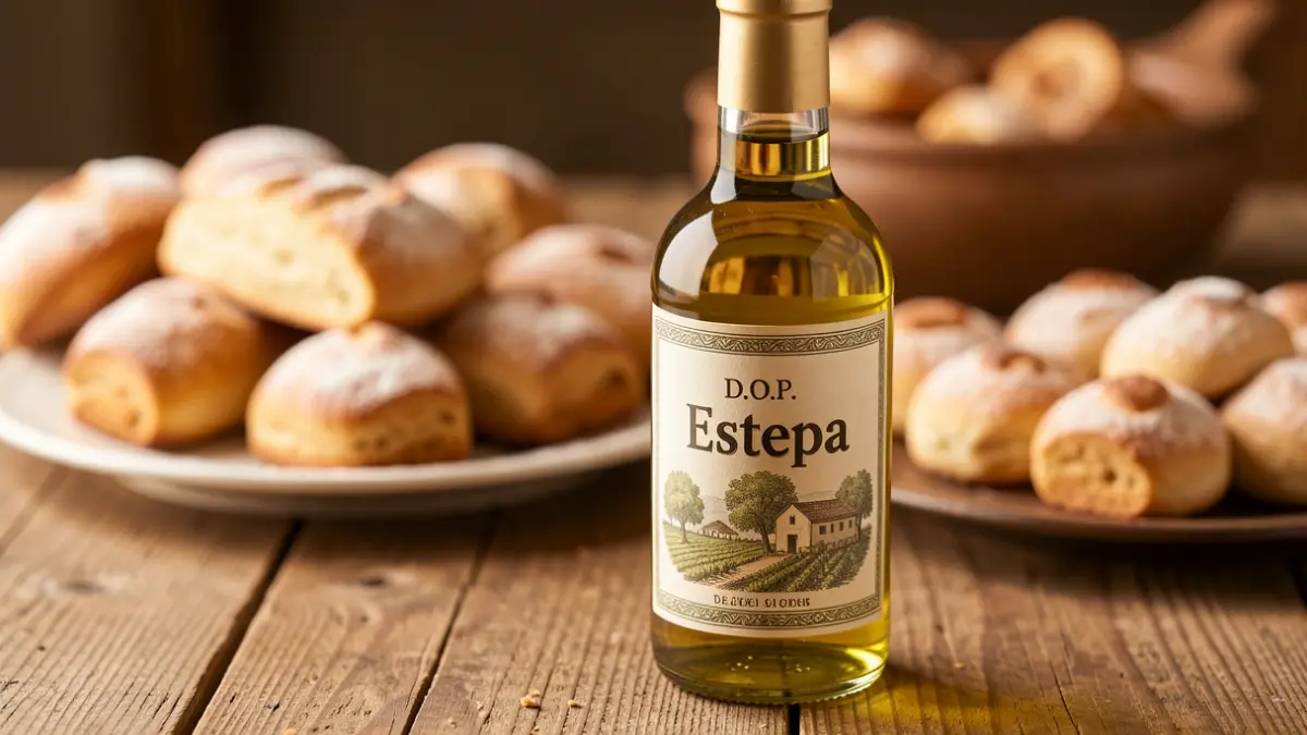Botella de Aceite de Oliva Virgen Extra de la D.O.P. Estepa junto a dulces tradicionales.