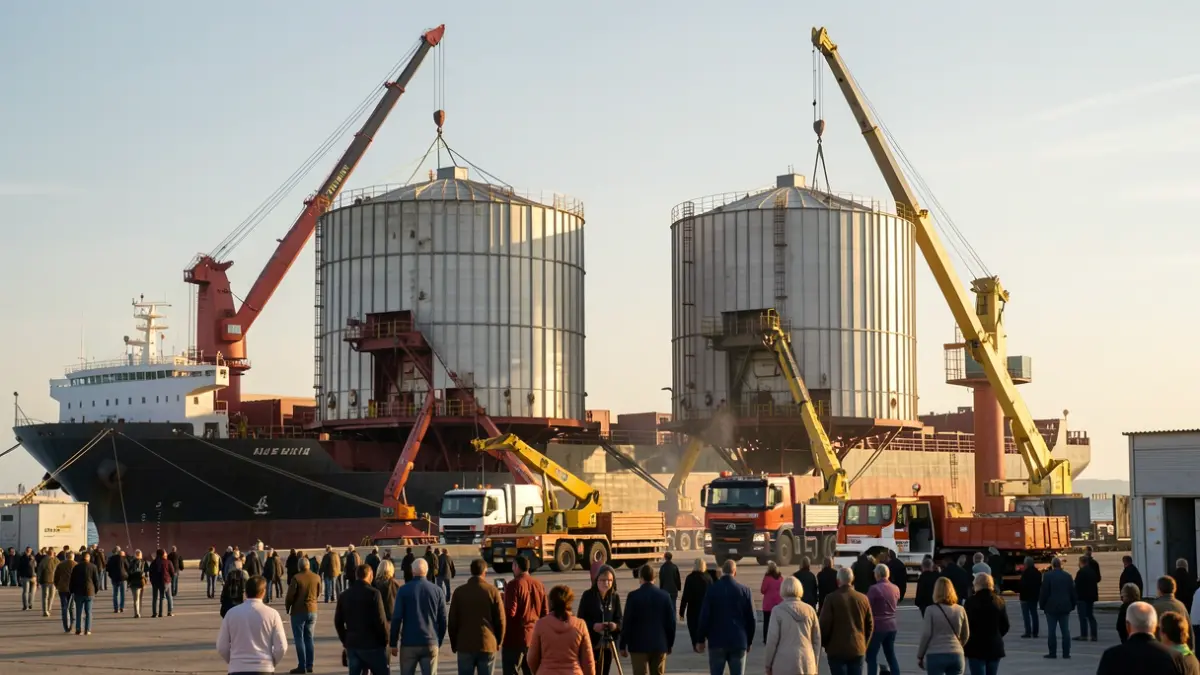 Dos silos industriales de gran tonelaje embarcando en un buque en el Puerto de Tarragona.