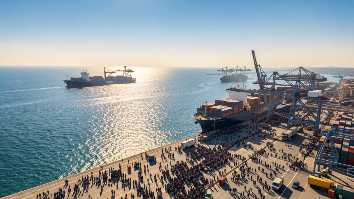 Generic image of activity in a commercial port with cargo ships.