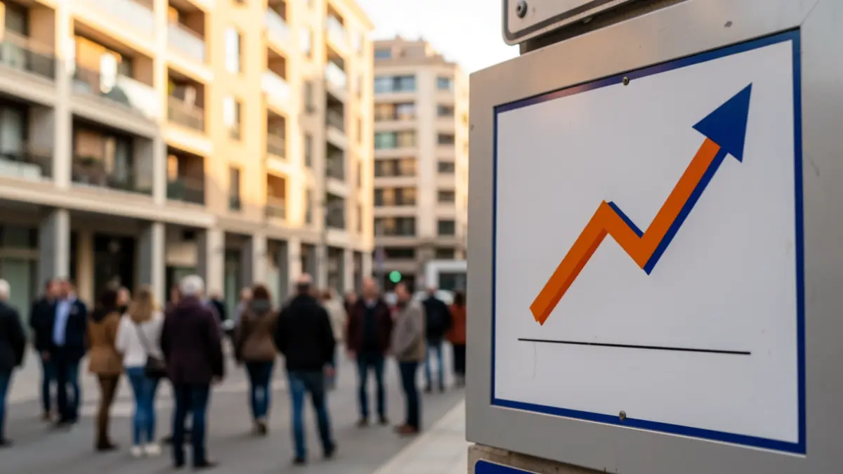 Gráfico ascendente sobre un cartel inmobiliario con edificios de Madrid al fondo.