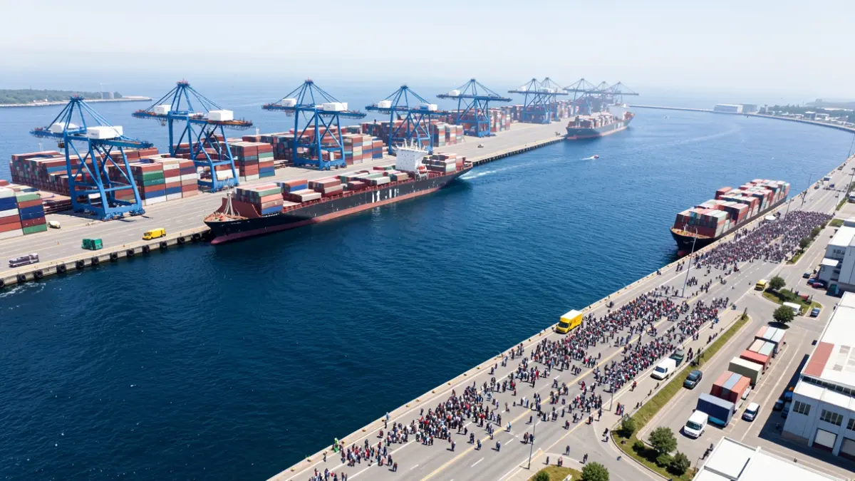 Vista aérea de un puerto comercial con contenedores y grúas.