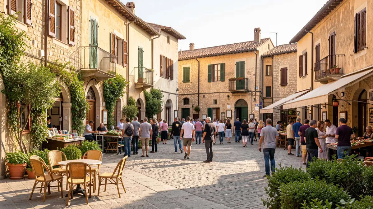 Imagen genérica de una plaza de pueblo mediterráneo con arquitectura tradicional y luz de tarde.
