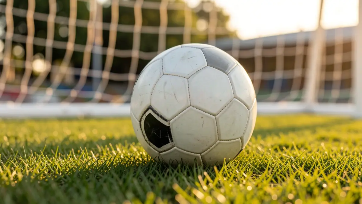 Generic image of a soccer ball on grass with a blurred goal net in the background.