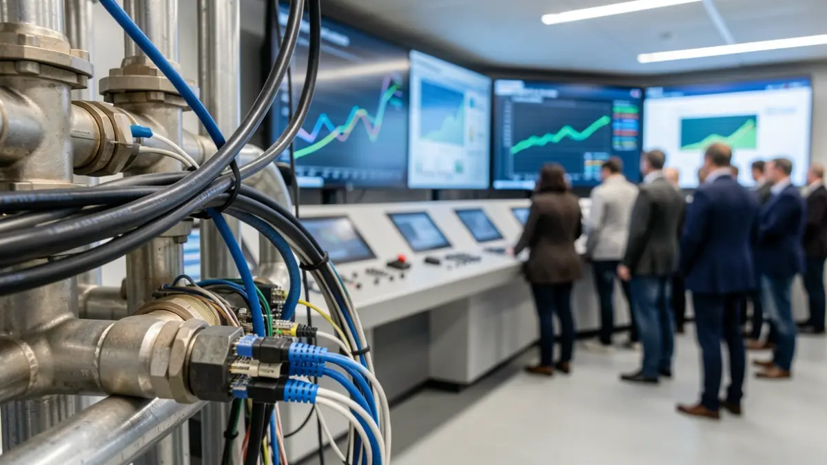 Imagen de tuberías de agua y cables de red digital entrelazados, con un fondo borroso de una sala de control moderna.