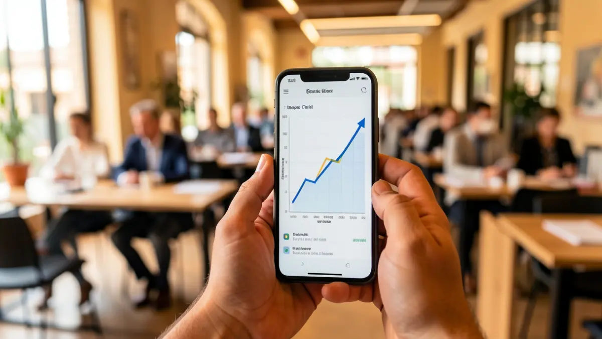 Business growth graph on a mobile phone against a blurred Andalusian office background.