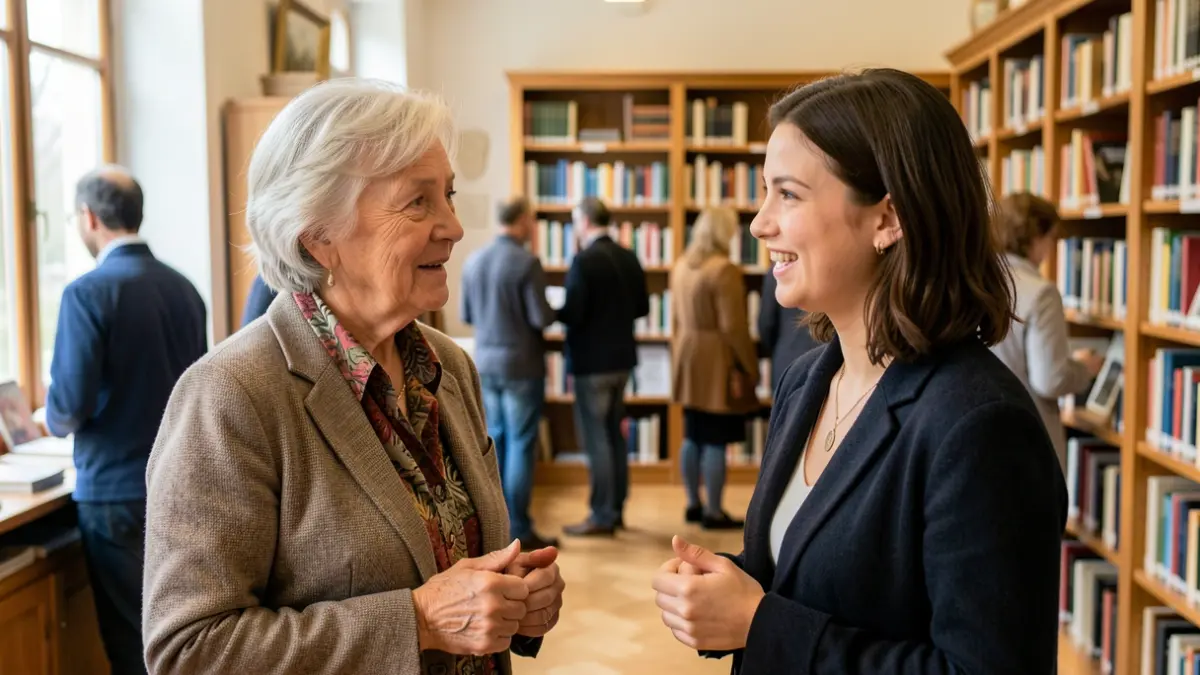 Generic image of two women conversing in an indoor space.