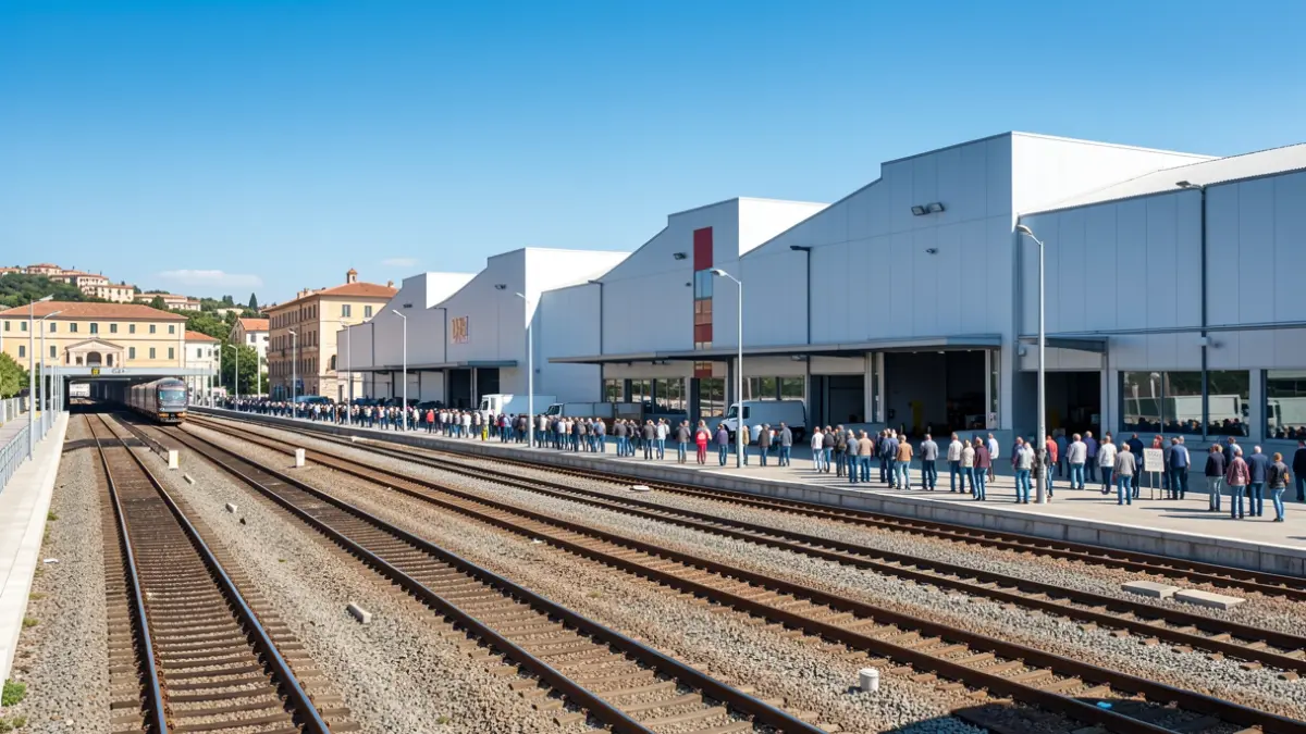 Generic image of a logistics hub with train tracks and warehouses.