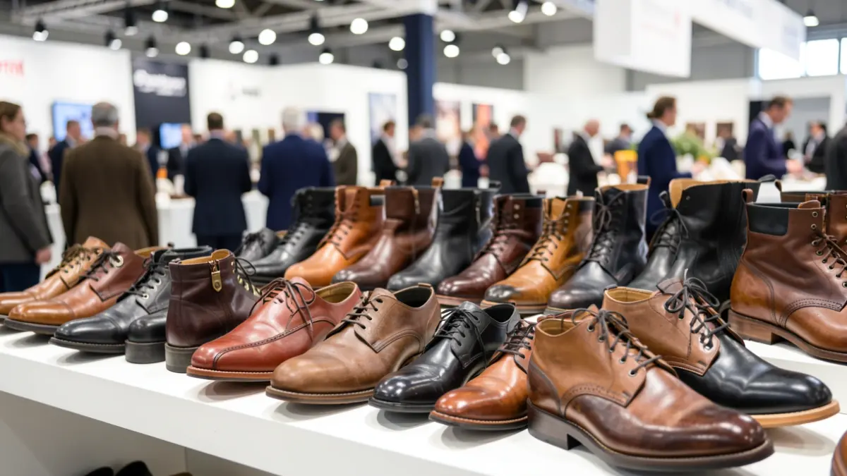 Generic image of leather shoes displayed at a footwear fair.