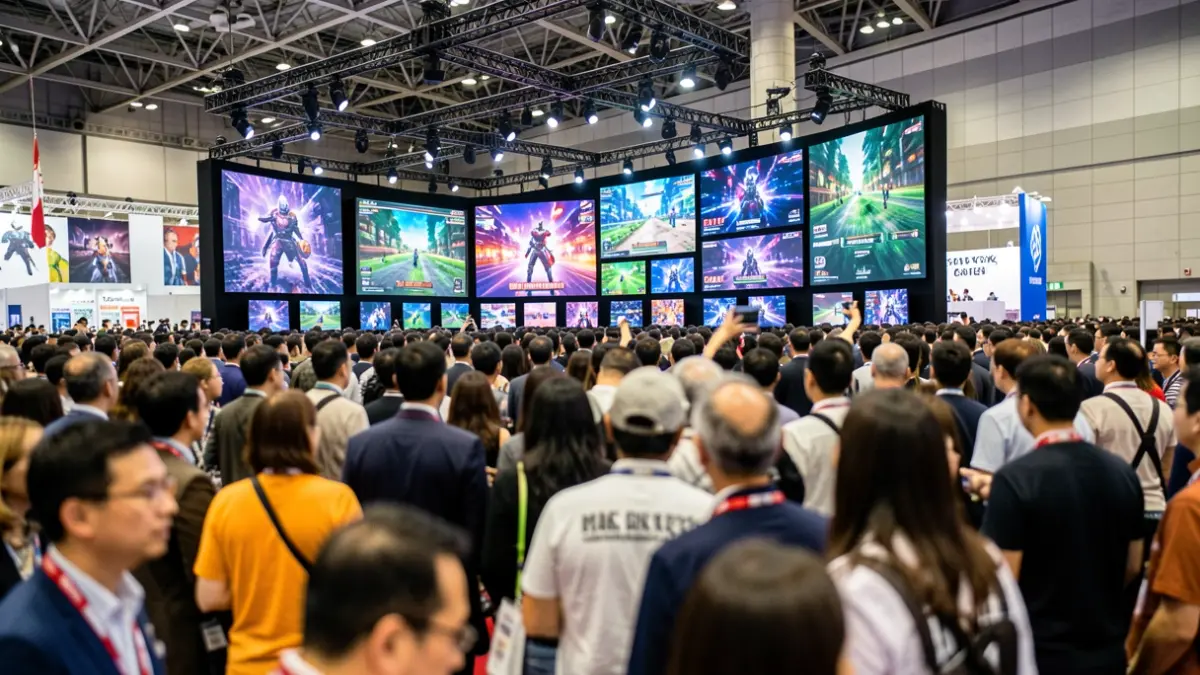 Generic image of an international video game fair with crowds and screens.